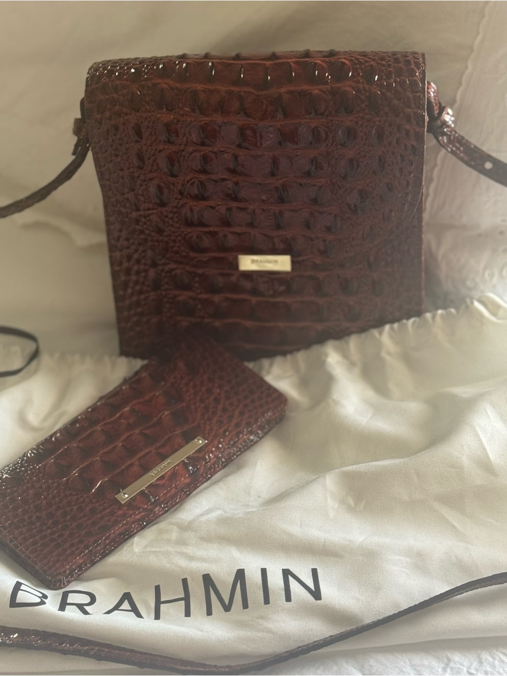 Brahmin Croc-Embossed Crossbody and Wallet in Deep Brown